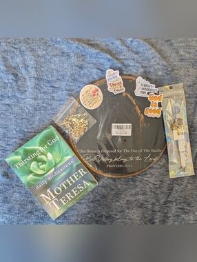 Catholic Bundle -Gold-Colored Beaded Rosary, Wall Hang, Pen, Stickers, And Book